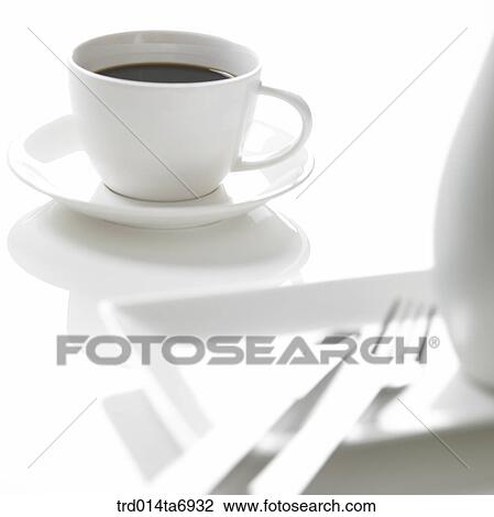 Stock Image - object, beverage, drink, coffee, coffee cup, plate, knife. Fotosearch