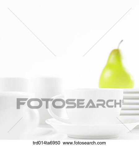 Stock Image - object, coffee cup, plate, mug, food, fruit, pear. Fotosearch