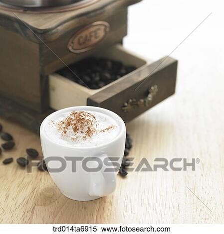 Stock Photography - table, beverage, drink, coffee, Cappuccino, coffee cup, closeup. Fotosearch