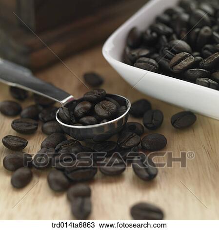 Stock Image - table, plate, tea spoon, measuring spoon, beverage, drink, coffee. Fotosearch