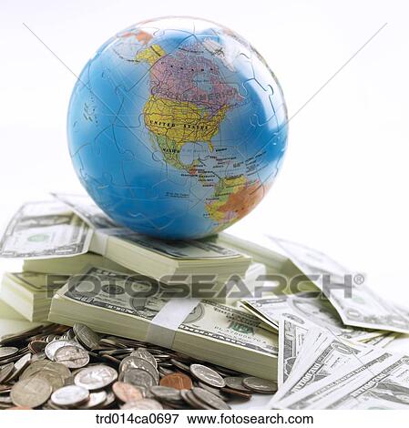 Stock Photo - economy, object, dollar, money, coin, globe, bill. Fotosearch