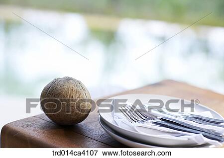 Stock Photo - table, dinnertable, fork, knife, napkin, plate, dish. Fotosearch
