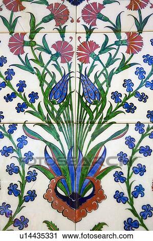 Stock Image - Detail of Iznik Ceramic tiles from Turkey, Montreal Botanical Garden, Montreal, Quebec, Canada. Fotosearch