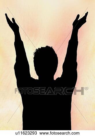 Stock Image - Man with hands raised. Fotosearch