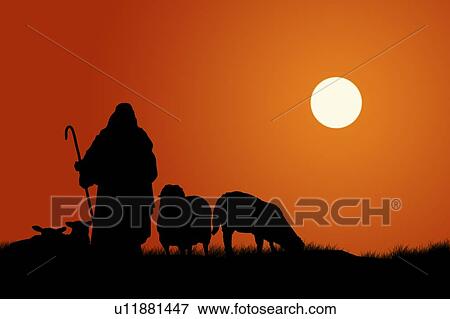 Silhouette of shepherd and sheep View Large Photo Image Stock Photo - Silhouette of shepherd and sheep. Fotosearch