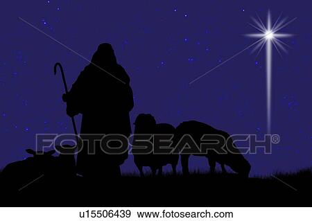 Stock Photo - Silhouette of shepherd and sheep with a bright star in the sky. Fotosearch