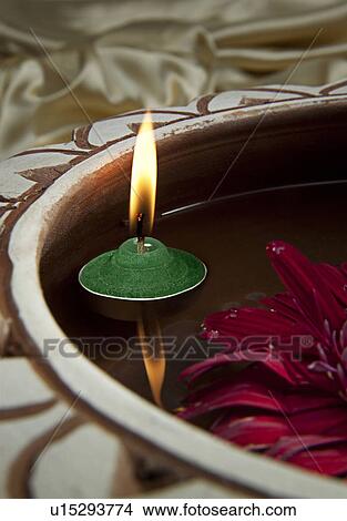 Picture - A pink flower and a candle. Fotosearch