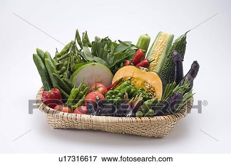 Assorted vegetables in basket, white background View Large Photo Image Stock Photo - Assorted vegetables in basket, white background. Fotosearch