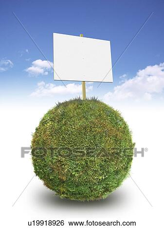Stock Photograph - Blank sign on grass covered sphere. Fotosearch