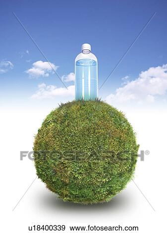 Stock Photo - Bottle of water on grass covered sphere. Fotosearch