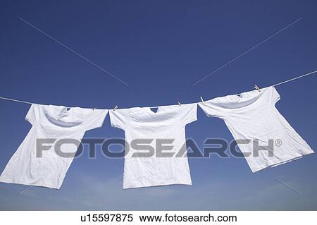 Stock Photography - Clean white T-shirts hanging on a clothesline. Fotosearch