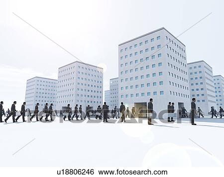 Stock Photograph - Cloned businessman walking in and out of office buildings. Fotosearch