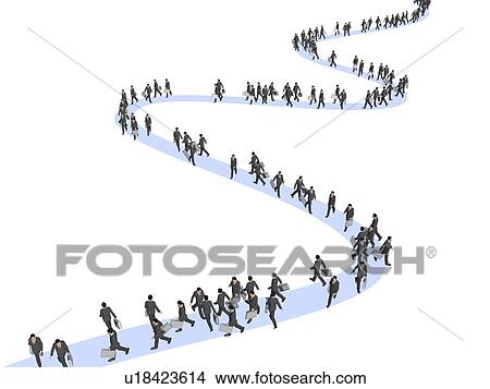 Picture - Cloned businessman walking on curvy sidewalk. Fotosearch