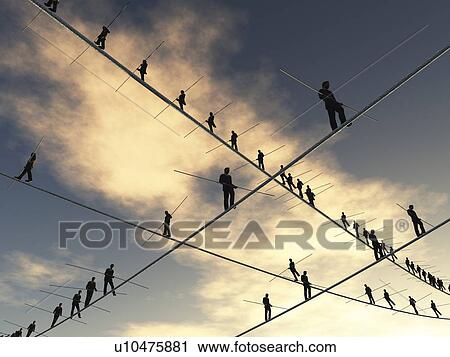 Stock Image - Cloned businessman walking on tight rope. Fotosearch