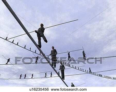 Stock Photograph - Cloned businessman walking on tight rope. Fotosearch