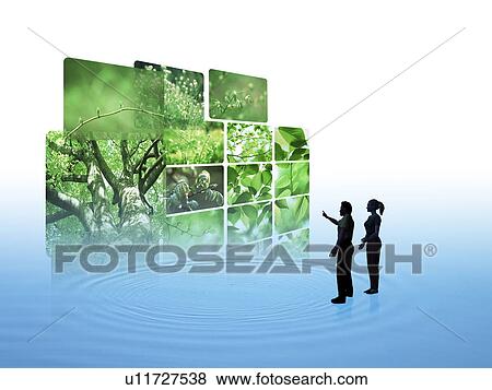 Stock Photo - Digital composite of grass and leaves above rippled water with two people . Fotosearch