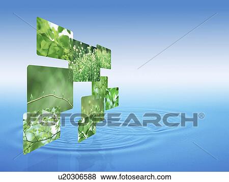 Stock Photo - Digital composite of grass and leaves above rippled water. Fotosearch