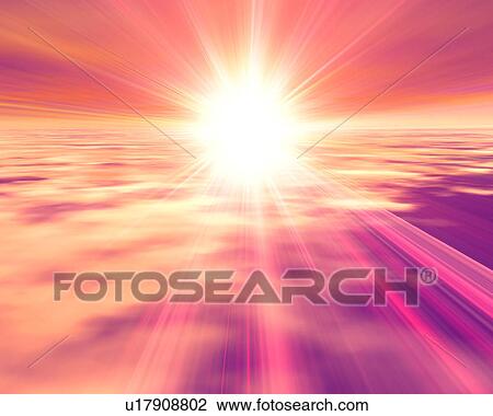 Stock Image - Digitally generated image depicting sun beams over clouds. Fotosearch
