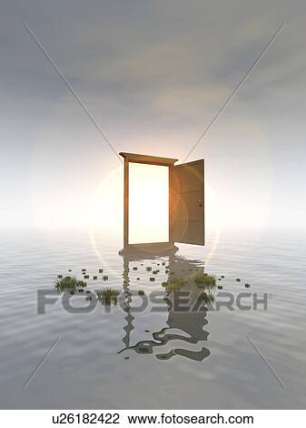 Stock Image - Door standing in water. Fotosearch