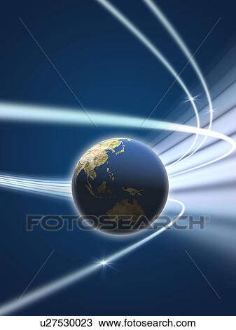 Stock Image - Earth with light beams. Fotosearch