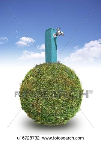 Stock Image - Faucet on grass covered sphere. Fotosearch