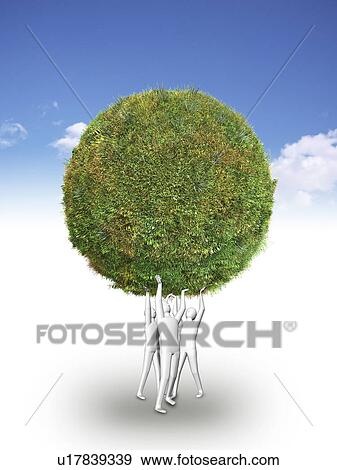 Stock Photo - Figures supporting grass covered sphere. Fotosearch