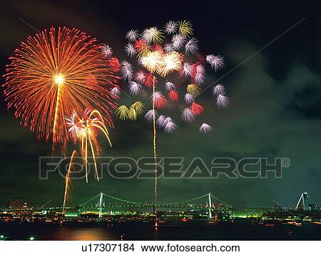 Fireworks exploding over city View Large Photo Image Picture - Fireworks exploding over city. Fotosearch
