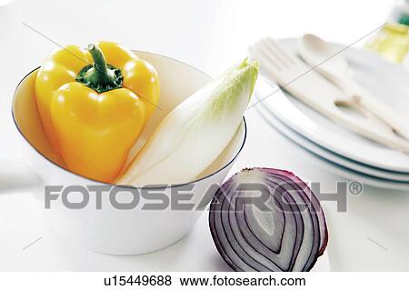 Stock Photo - Fresh capsicum, chicory and red onion. Fotosearch