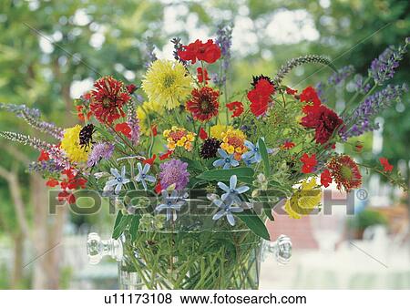 Stock Photo - Freshly picked flowers on a table outside. Fotosearch
