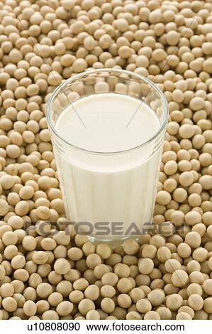 Stock Image - Glass of Soy Milk and Soybeans. Fotosearch