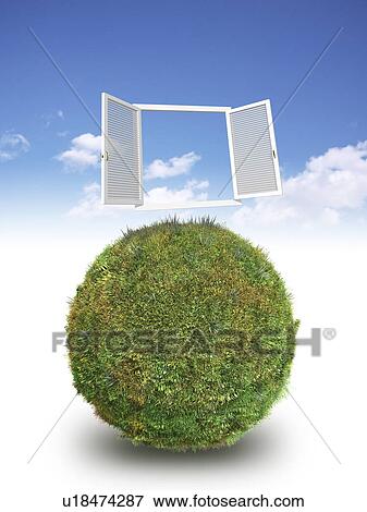 Stock Photo - Grass covered sphere with open Window. Fotosearch
