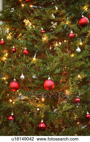 Green Christmas tree with red baubles View Large Photo Image Stock Image - Green Christmas tree with red baubles. Fotosearch