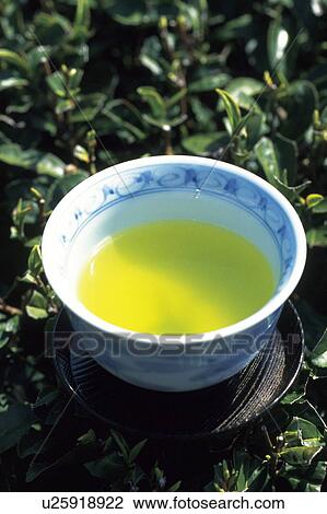 Stock Image - Green tea in small bowl. Fotosearch