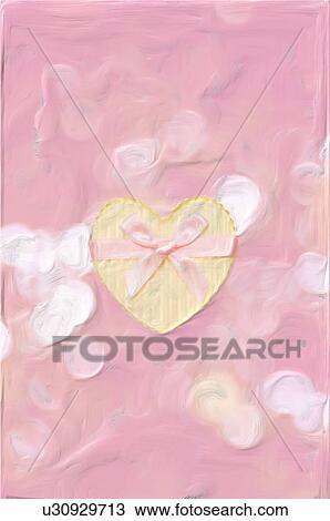 Stock Image - Heart shaped gift box, pink background, painting. Fotosearch