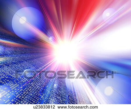 Stock Image - Light beams and floating spheres. Fotosearch