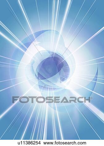 Picture - Light beams from the earth, computer graphic, blue background. Fotosearch
