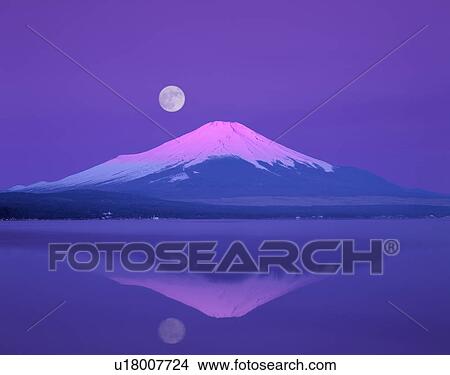 Mt. Fuji below full moon, Yamanashi Prefecture, Japan View Large Photo Image Picture - Mt. Fuji below full moon, Yamanashi Prefecture, Japan. Fotosearch