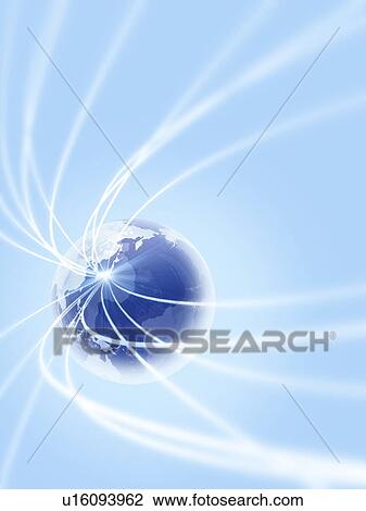Stock Image - Network lights from the earth, computer graphic, blue background. Fotosearch