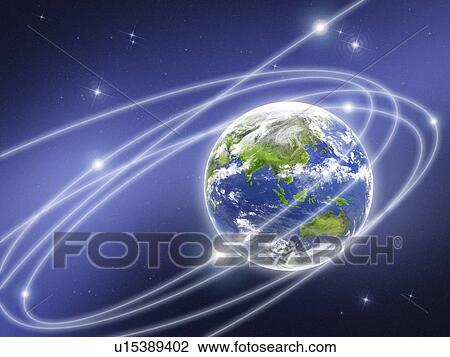 Stock Image - Network lights surrounding the earth, computer graphic. Fotosearch