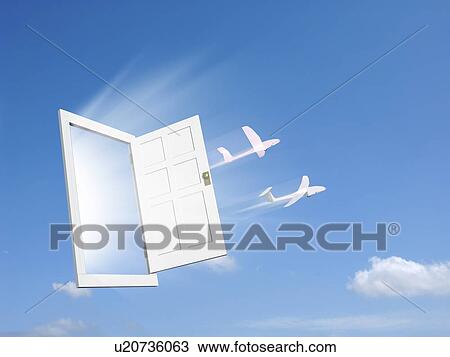 Stock Image - Open door in the sky with two paper airplanes flying out. Fotosearch