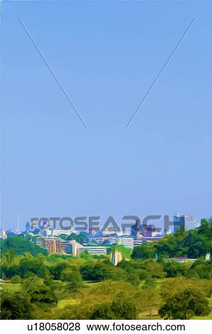 Stock Photo - Painting of skyline, Mito city, Ibaraki Prefecture, Honshu, Japan. Fotosearch