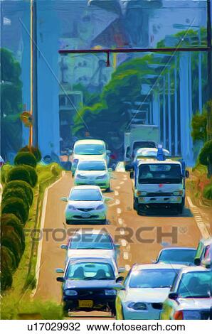 Stock Image - Painting of Traffic, Mito City, Ibaraki Prefecture, Honshu, Japan. Fotosearch