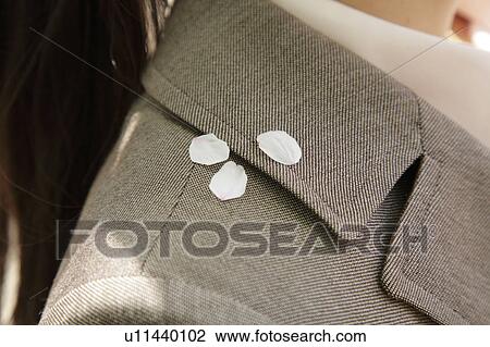 Stock Image - Petals of cherry flower on woman's shoulder, close up. Fotosearch