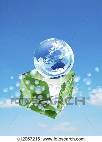 Stock Photography - Planet earth in sky going into a box. Fotosearch