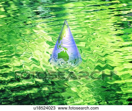 Stock Image - Planet earth in the shape of a cone floating on green liquid. Fotosearch