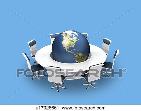 Stock Image - Planet earth with Americas in the middle of conference table. Fotosearch