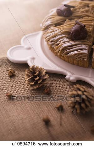Plate of tart with chestnut cream and pine cones, colored background View Large Photo Image Stock Photograph - Plate of tart with chestnut cream and pine cones, colored background. Fotosearch