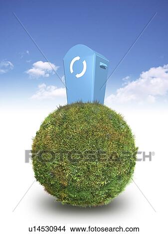 Picture - Recycling bin on grass covered sphere. Fotosearch