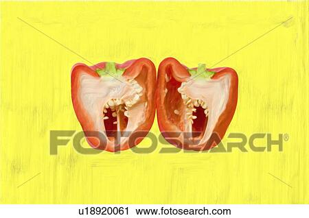 Stock Image - Red bell pepper sliced in half, yellow background. Fotosearch