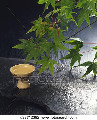 Stock Image - Sake and Japanese Maple. Fotosearch